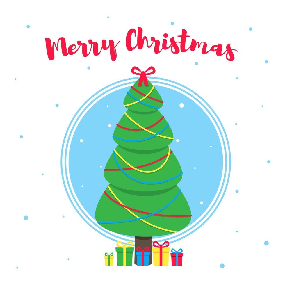 Merry Christmas greeting postcard with christmas fir and text flat style vector illustration. Celebrating christmas and happy new year card with gifts and tree isolated on snowflakes background.