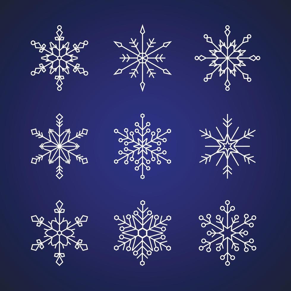 Ilustración de vector de diseño de estilo plano de 9 copos de nieve establece signos de icono aislados sobre fondo degradado azul oscuro. símbolos y elementos de vacaciones, navidad, año nuevo e invierno