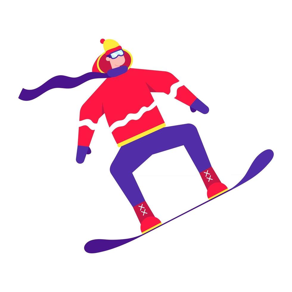 Persona de sexo masculino salta sobre un personaje de diseño de estilo plano de snowboard vector