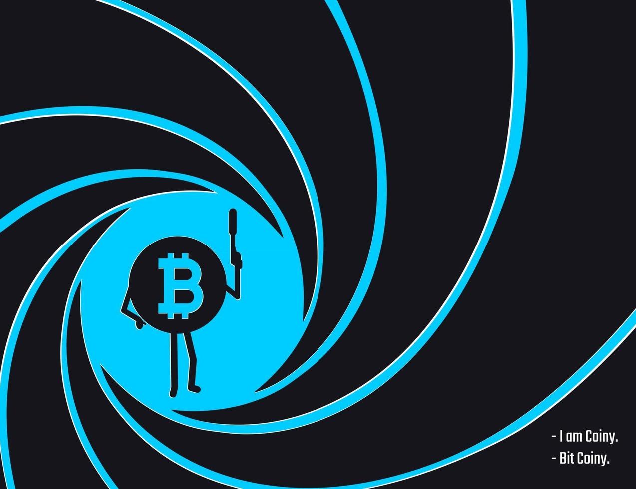 Bitcoin moneda criptográfica en el círculo de la ilustración de vector de barril estriado. agente secreto, detective, personaje espía poco moneda con una ilustración de estilo plano de pistola