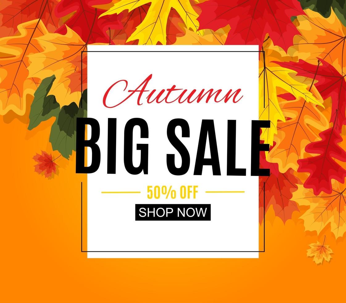 Shiny Autumn Leaves Sale Banner. Business Discount Card. Vector Illustration