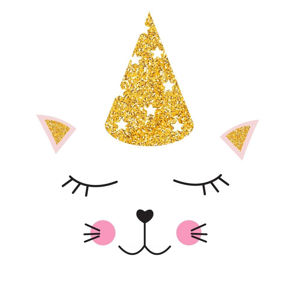 Little cute cat with party festive cap for card and shirt design. Vector Illustration