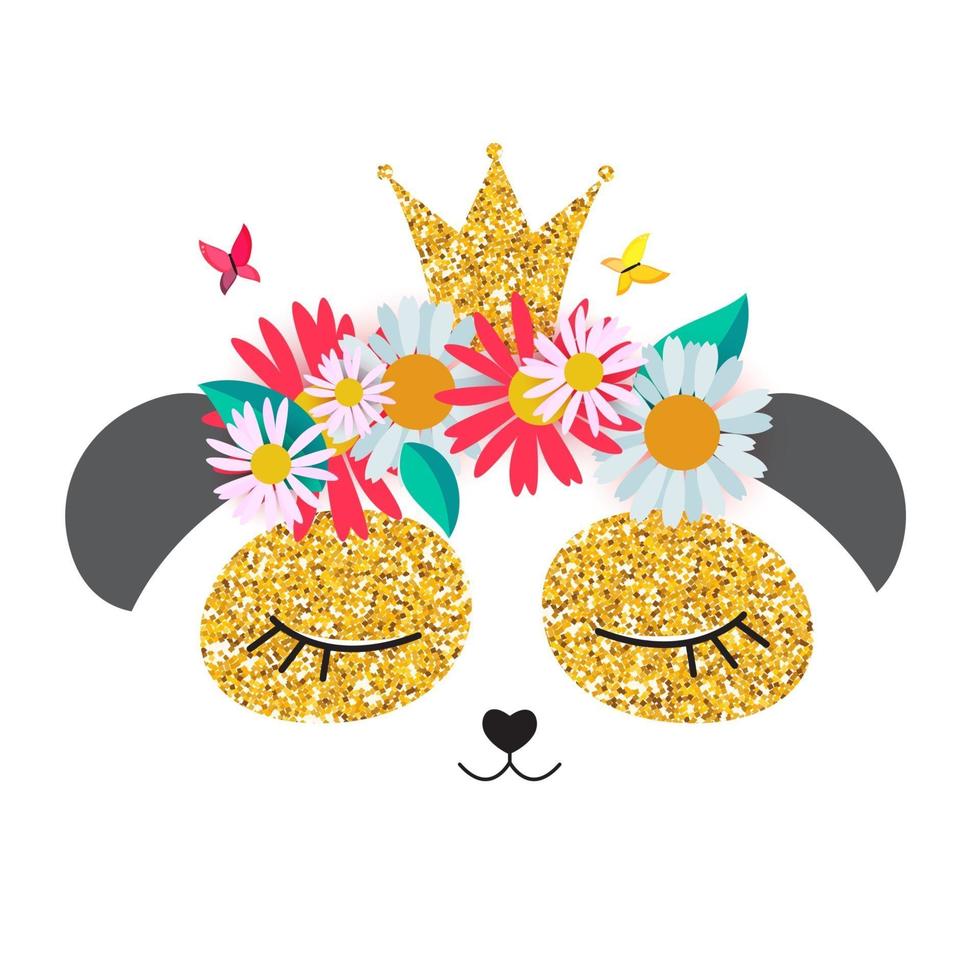 Little cute panda princess with crown and flowers  for card and shirt design. Vector Illustration