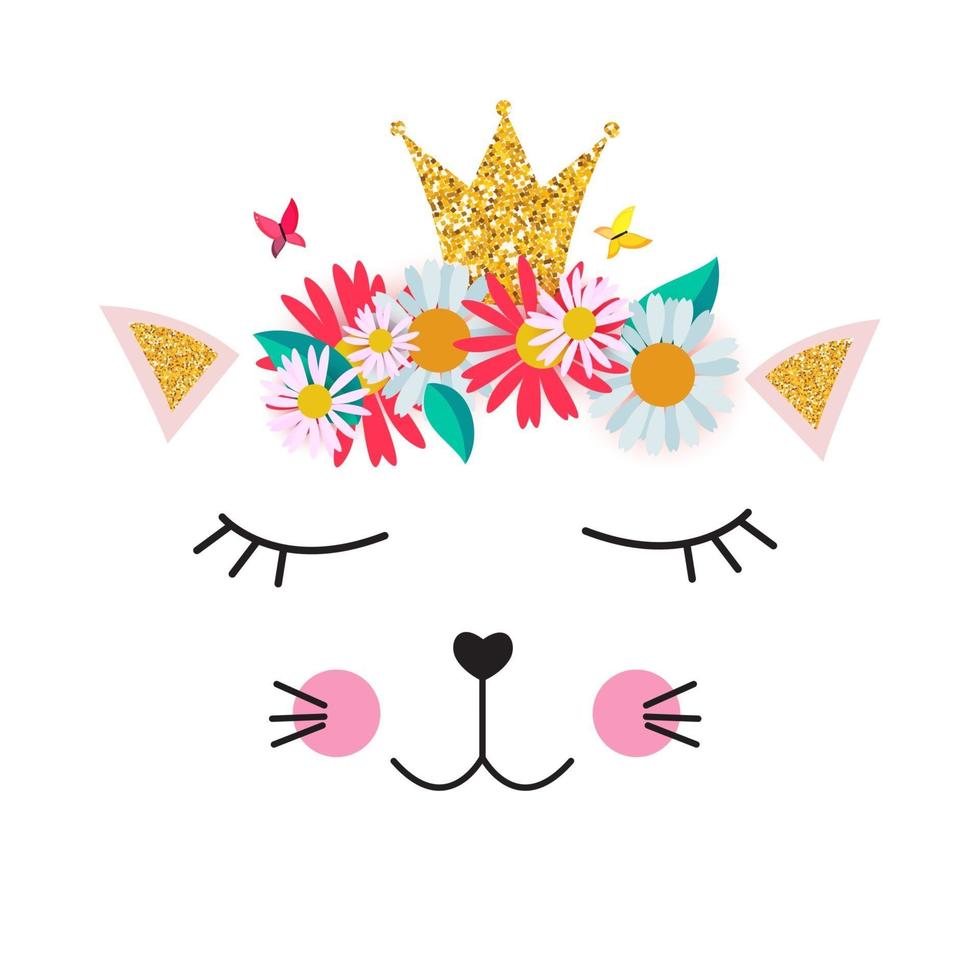 Little cute cat princess with crown and flowers  for card and shirt design. Vector Illustration