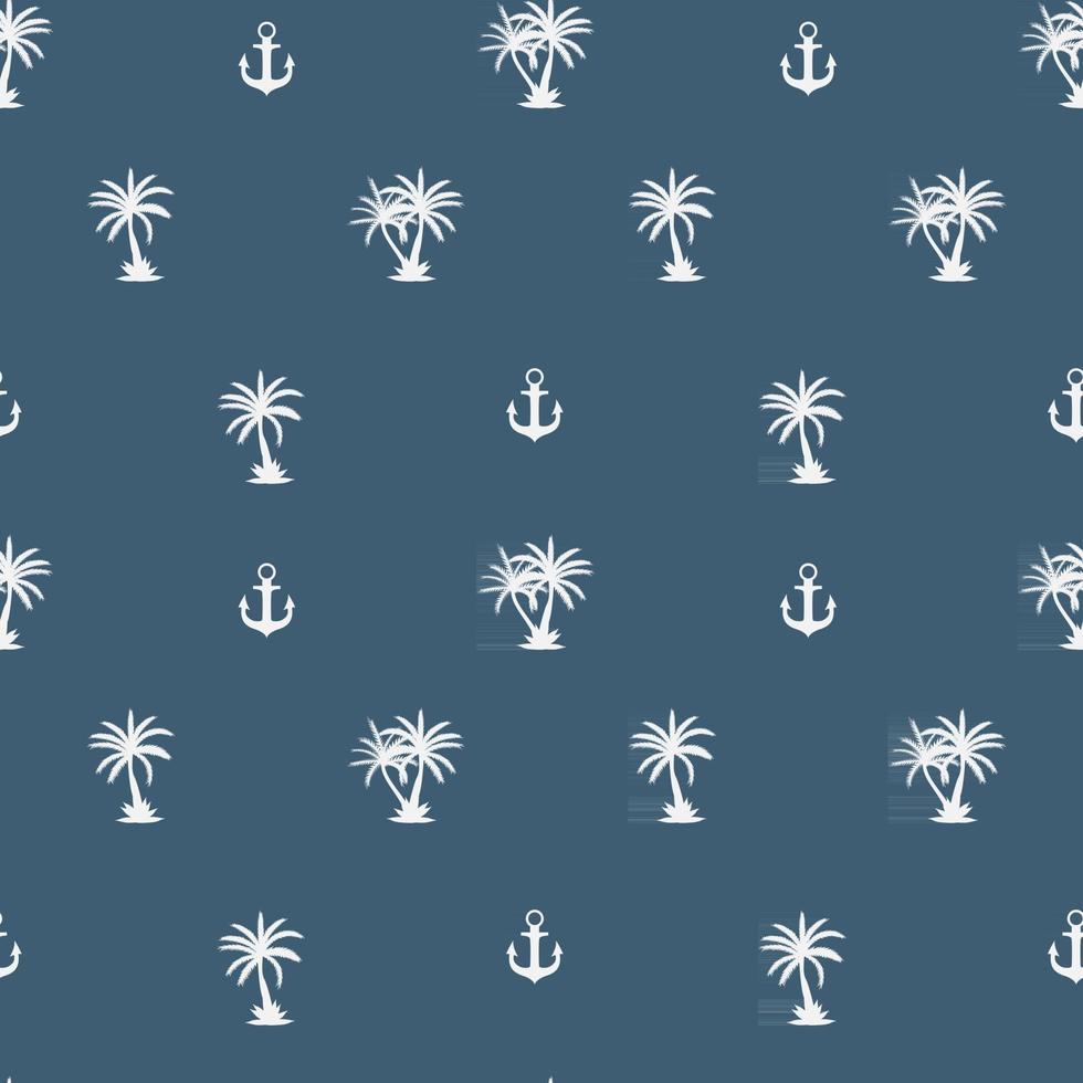 Seamless pattern with anchor and coconut palm tree island. Tropical wallpaper background. Vector Illustration