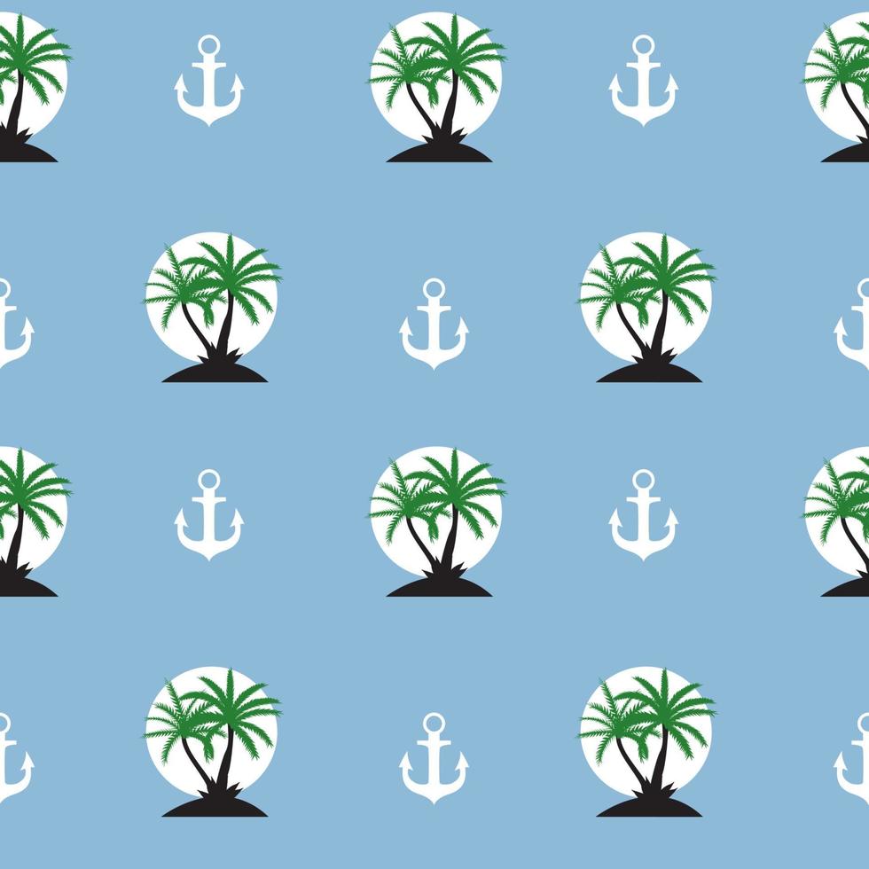 Seamless pattern with anchor and coconut palm tree island. Tropical wallpaper background. Vector Illustration