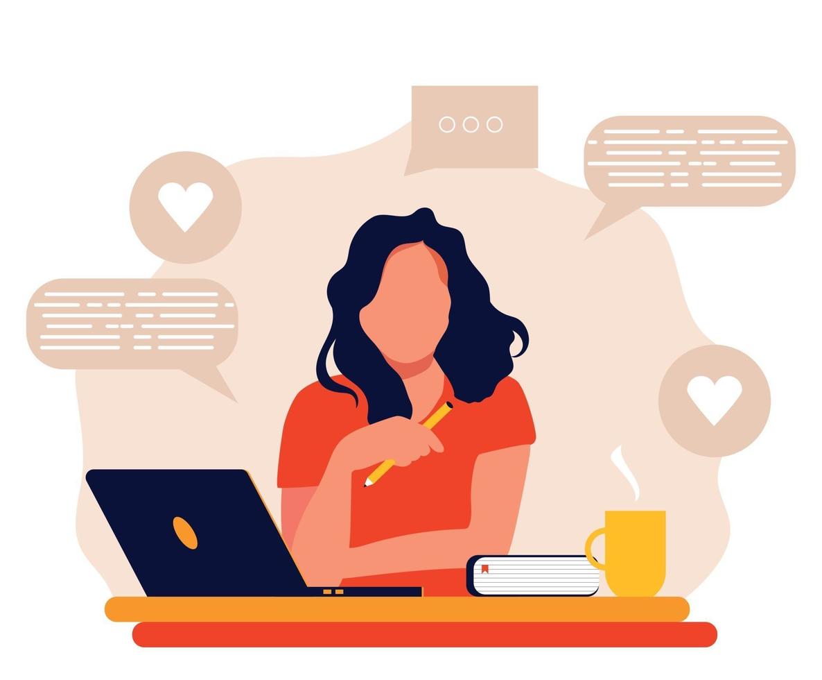 Young woman working on Laptop, Freelance or studying concept. Cute trendy illustration in flat style. vector