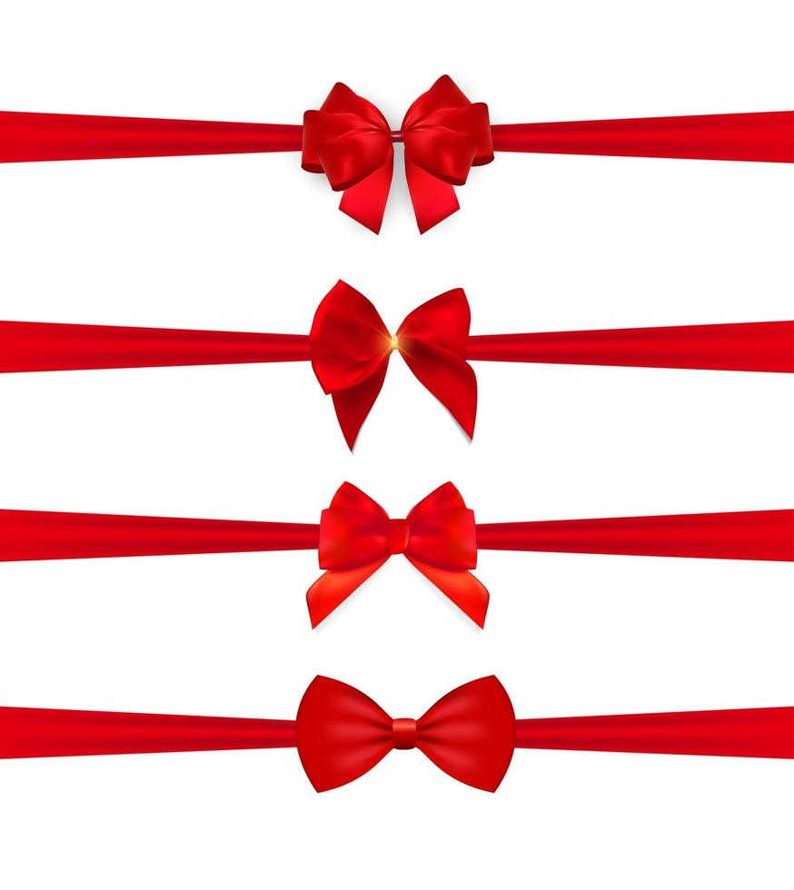 Collection Set of red bows with horizontal  ribbon isolated on white background. Vector illustration