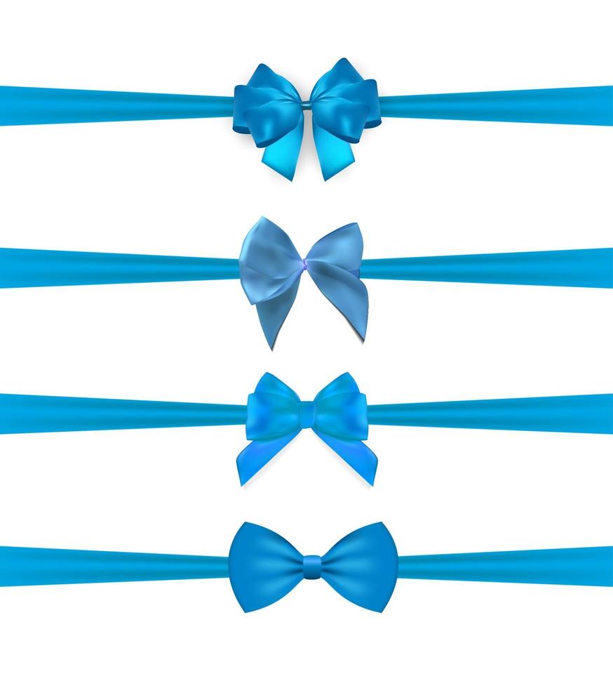 Collection Set of blue bows with horizontal  ribbon isolated on white background. Vector illustration