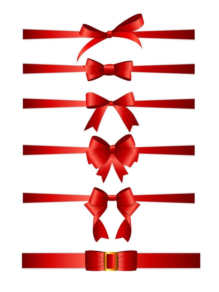 Collection Set of red bows with horizontal  ribbon isolated on white background. Vector illustration