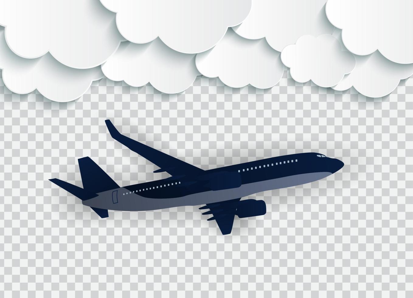 Abstract Clouds with flying realistic 3D airplane on a transparent background. Vector Illustration