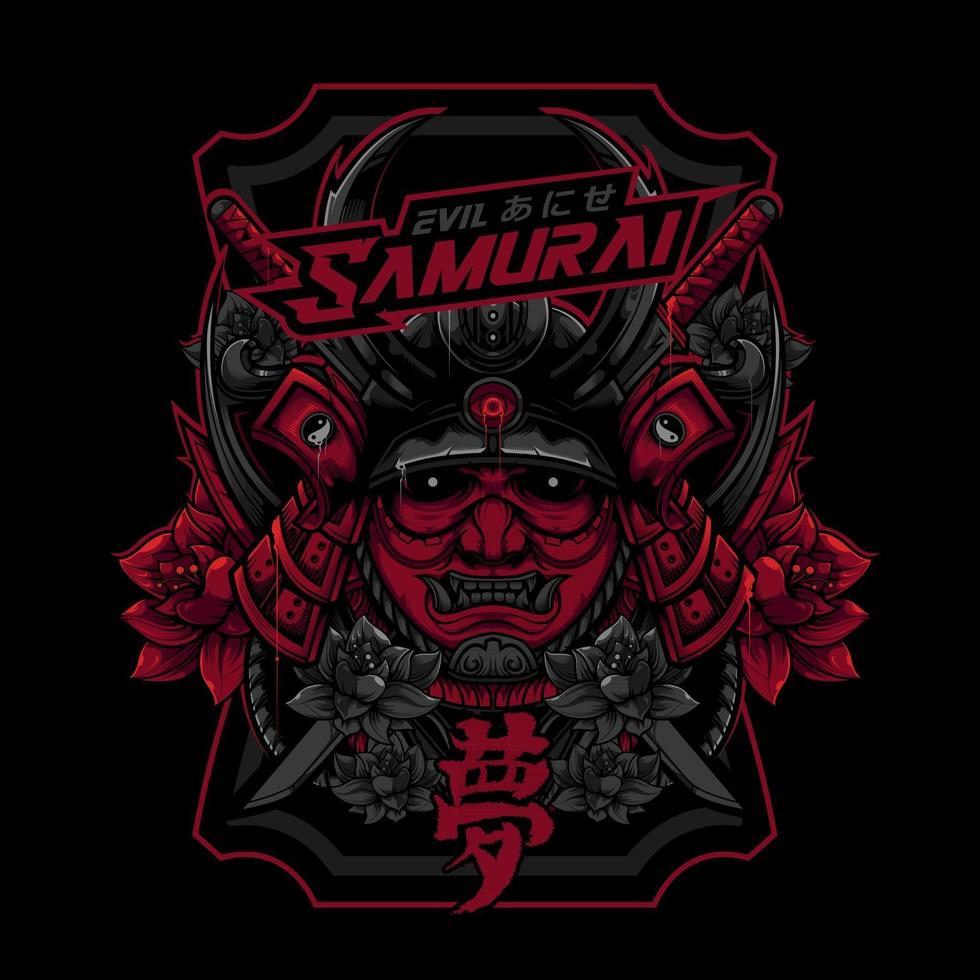 Evil Samurai Head Using Sword with Lotus Ornament vector