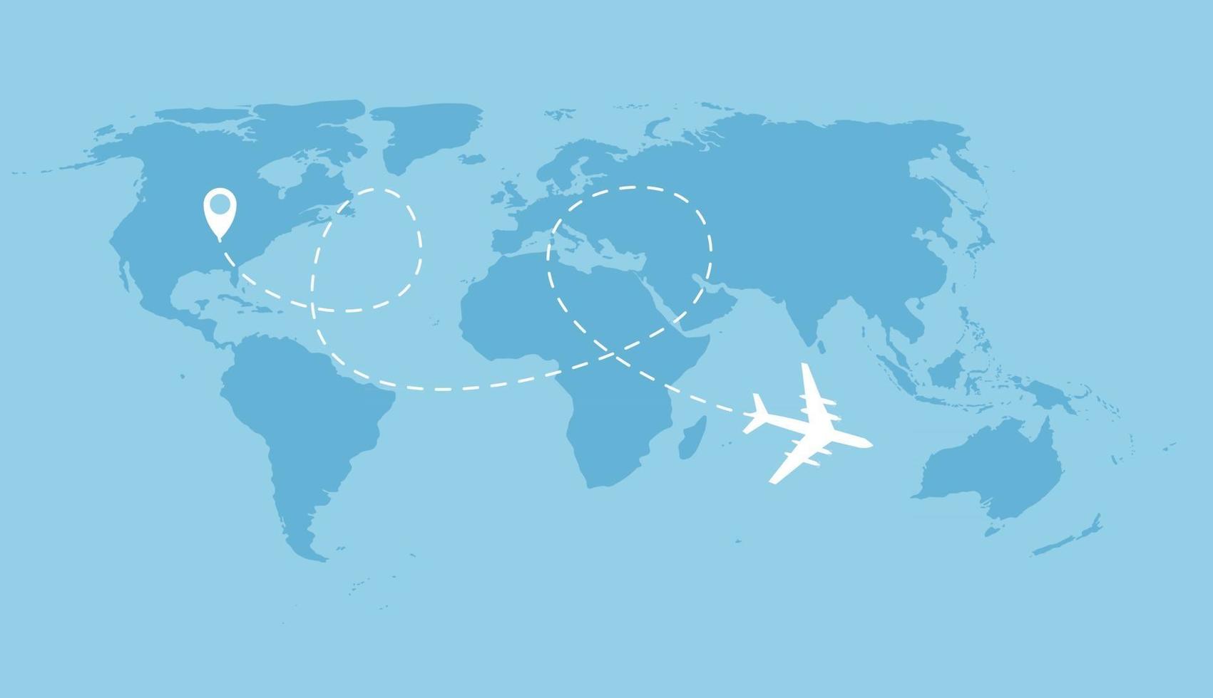 Airplane dotted flight background above world map. Vector Illustration