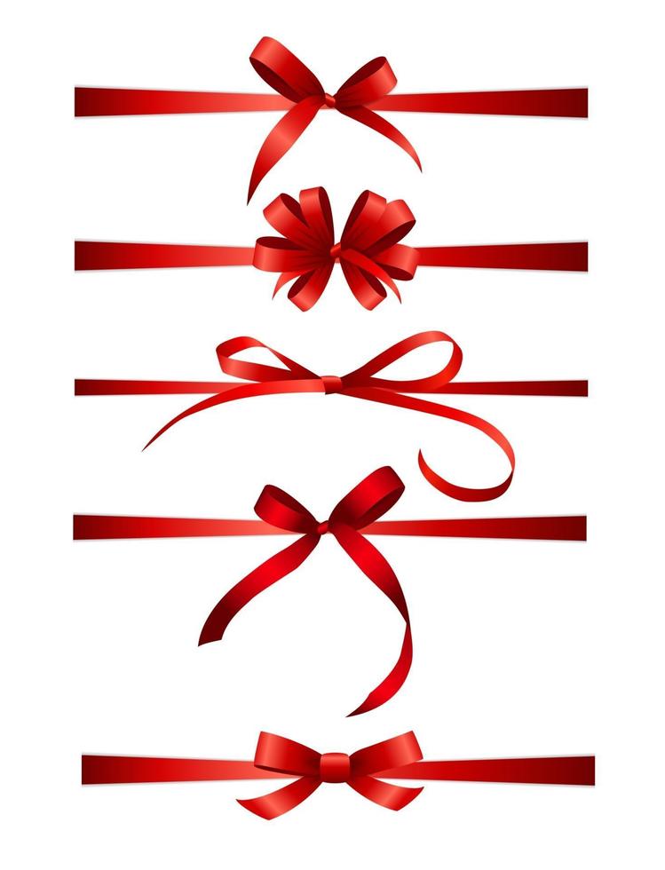 Collection Set of red bows with horizontal  ribbon isolated on white background. Vector illustration