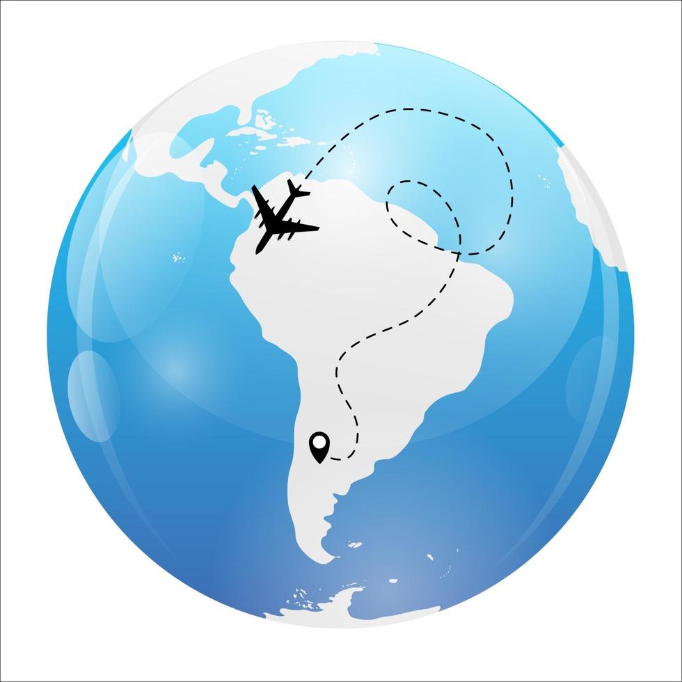 Airplane dotted flight background above world map. Vector Illustration