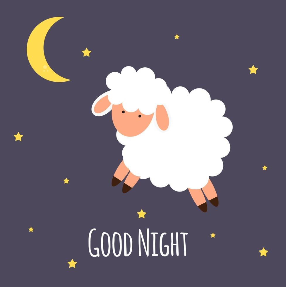 Cute little sheep on the night sky. Good night. vector illustration