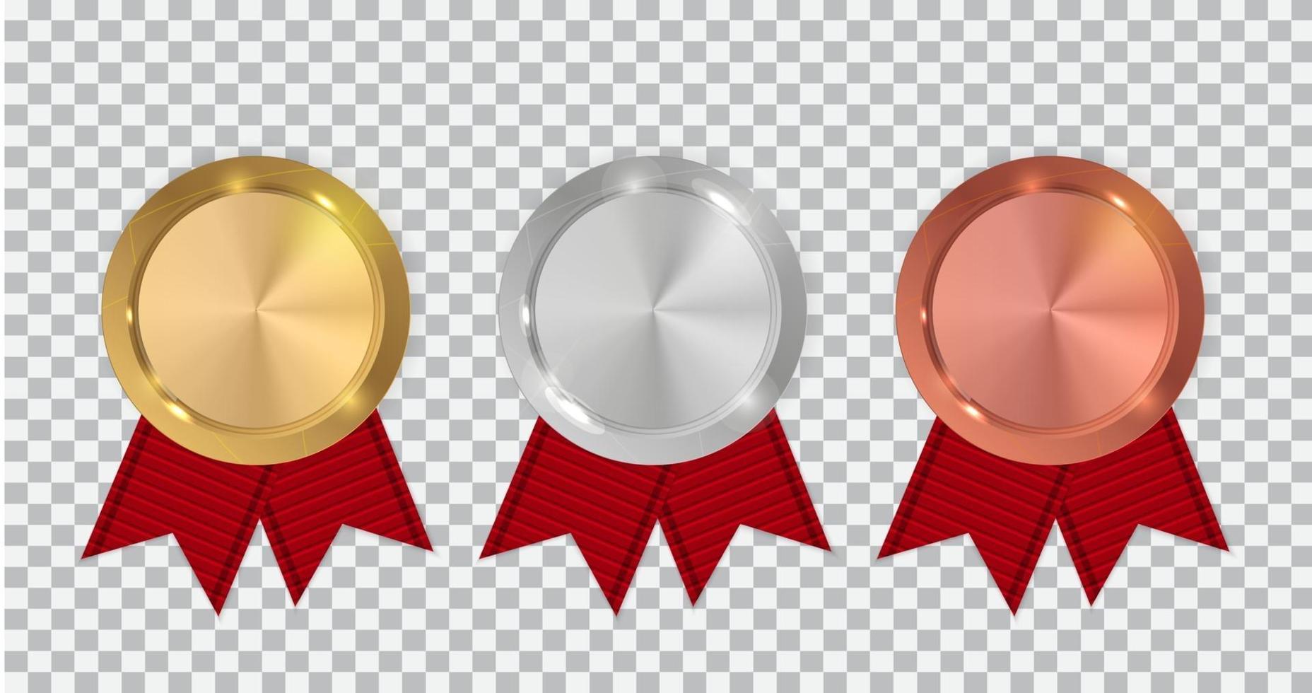 Champion Gold, Silver and Bronze Medal with Red Ribbon. Icon Sign of First, Second  and Third Place Isolated on Transparent Background. Vector Illustration