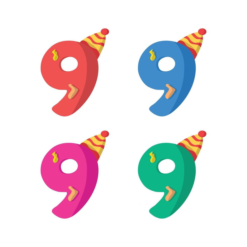 9 year birthday candle flat design vector illustration with different color choice.