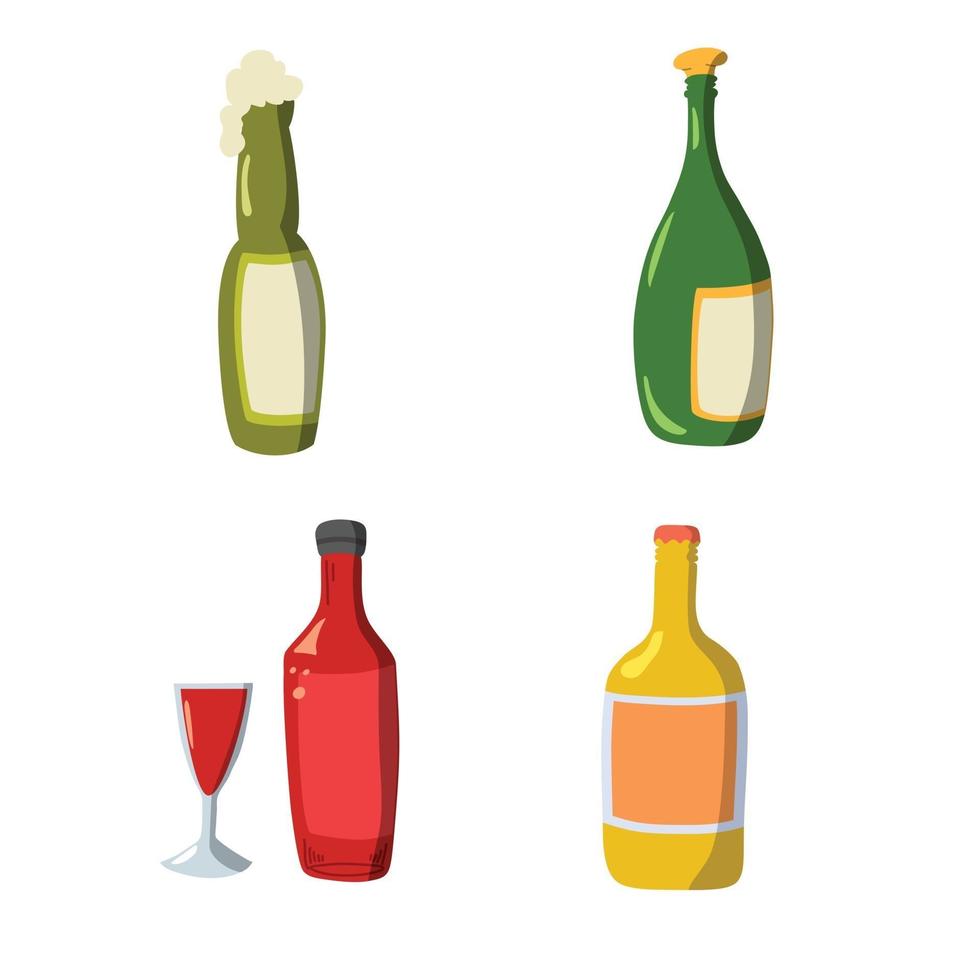 Conjunto de diseño plano de botella de vino en diseño plano con bebida de iconos de sombra vector