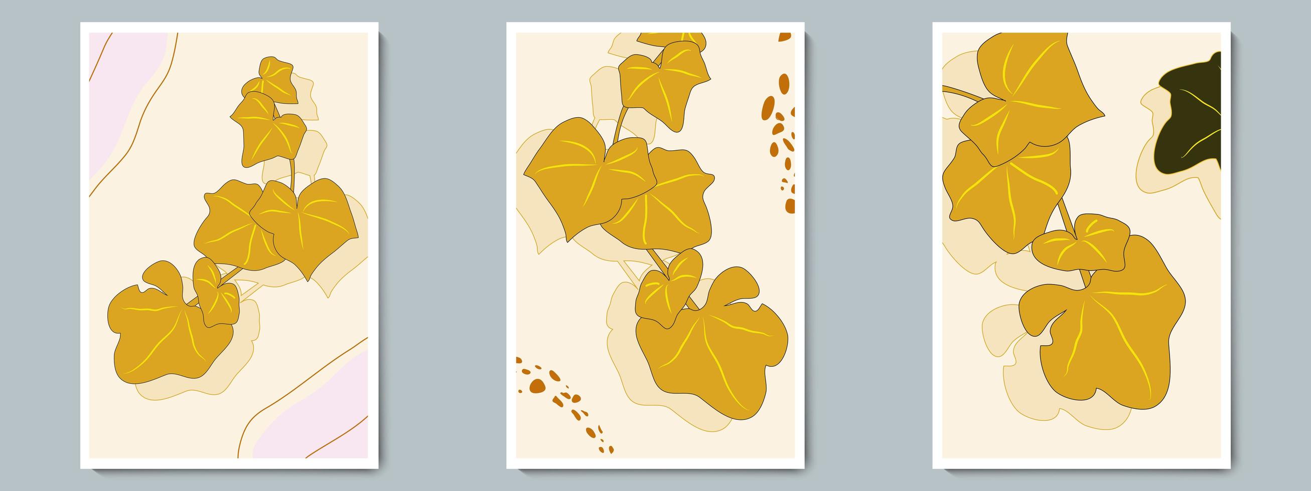 Botanical Wall Art Vector Poster Set. Minimalist Gold, Green Branch with Shadow, Leaves, Simple Shapes and Lines