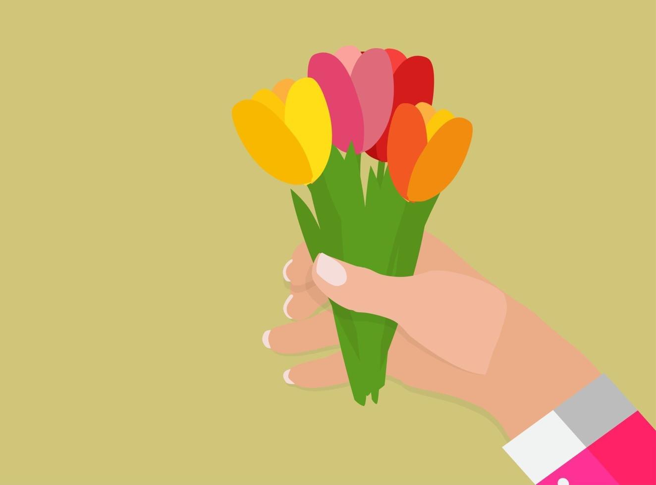 Man's hand holds Spring Tulip Flowers in Flower Pot Vector Illustration