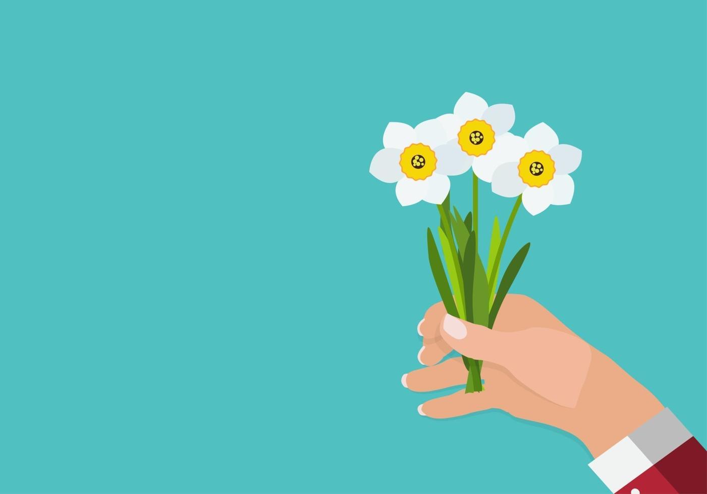 La mano de un hombre sostiene la ilustración de vector de fondo de flores de narciso de primavera