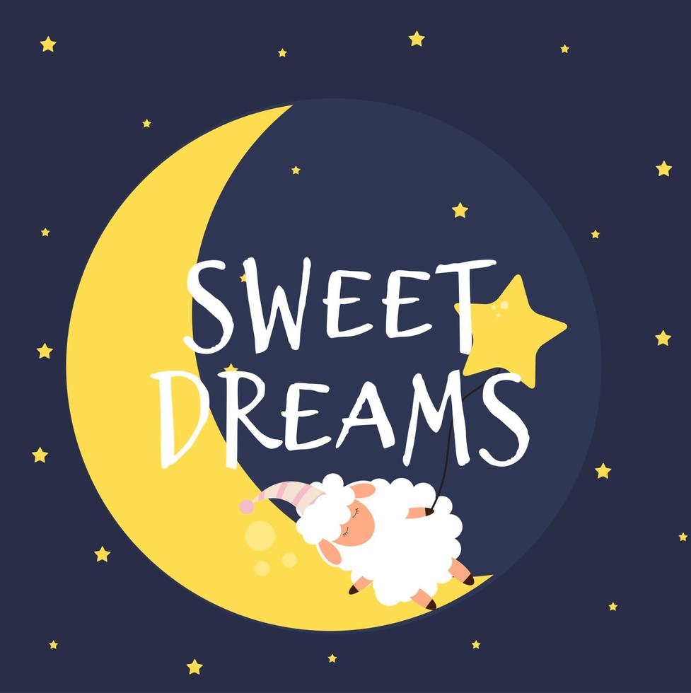 Cute little sheep on the night sky. Sweet dreams. vector illustration