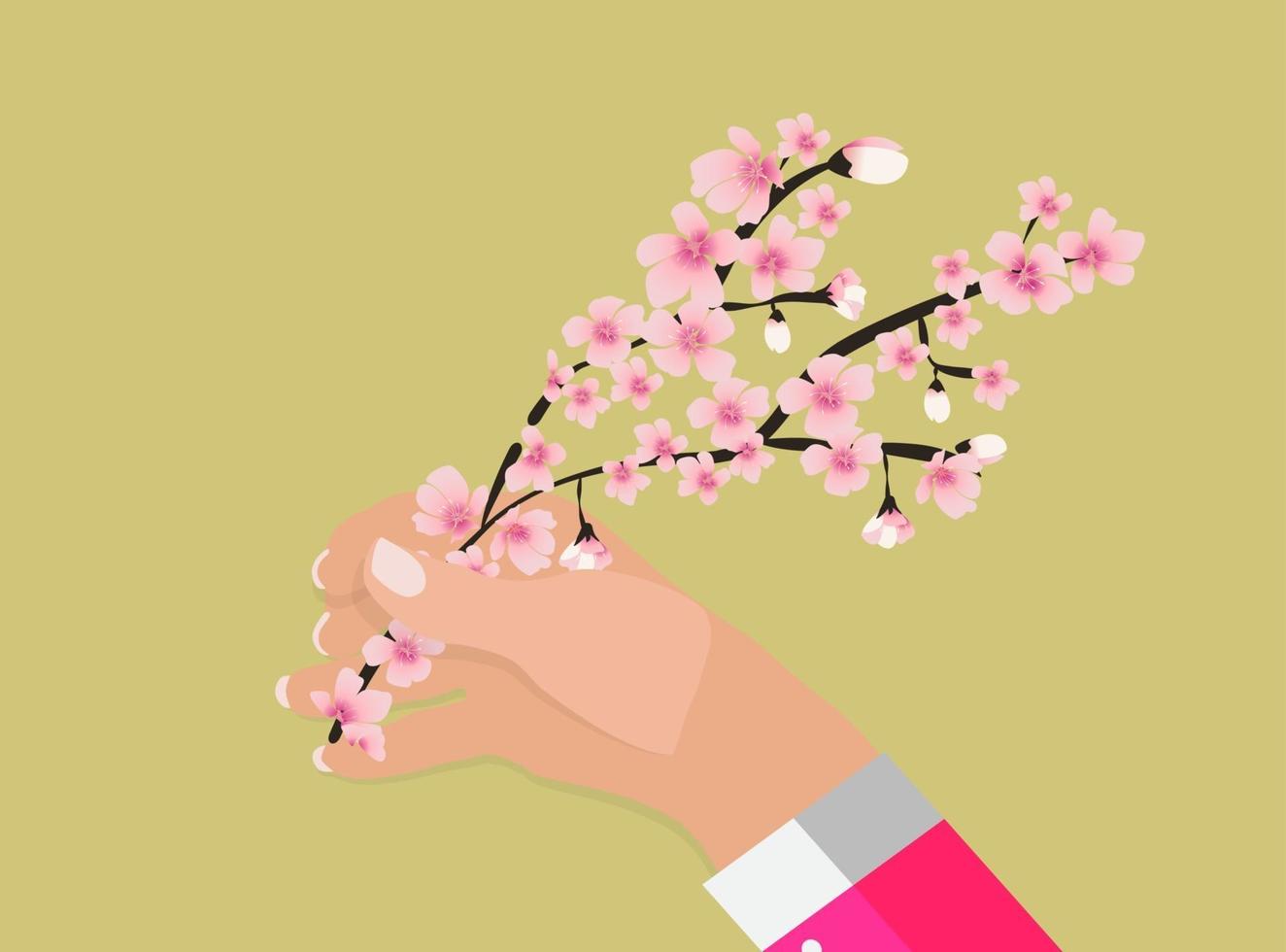 Hand holding colorful branch of cherry blossoms. Vector Illustration