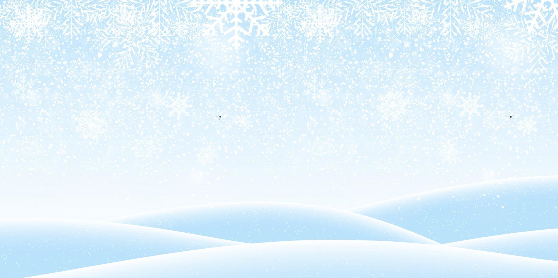 Colorful naturalistic winter background with falling snow on drifts. Vector Illustration