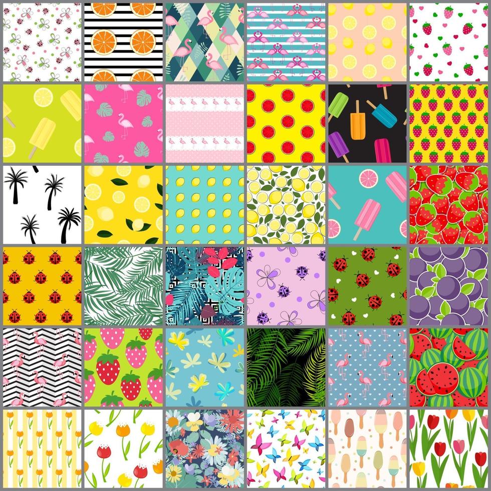 Big 36 Summer Seamless Pattern Background Collection Set. Vector Illustration