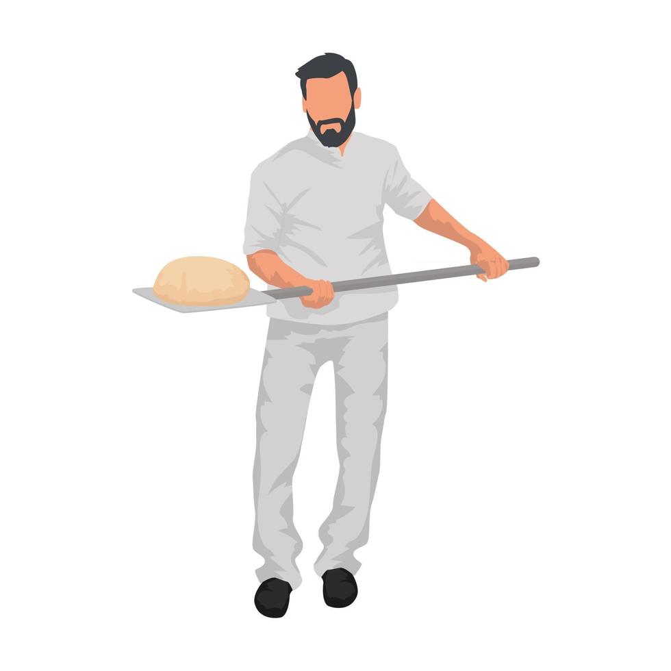 A Man holding bread on the bakery shovel. Bread maker making bread. Vector illustration