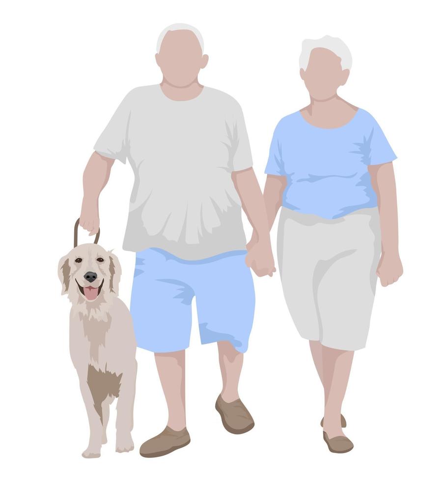 pareja de jubilados paseando al perro y tomados de la mano. ilustración vectorial aislado en el fondo blanco vector