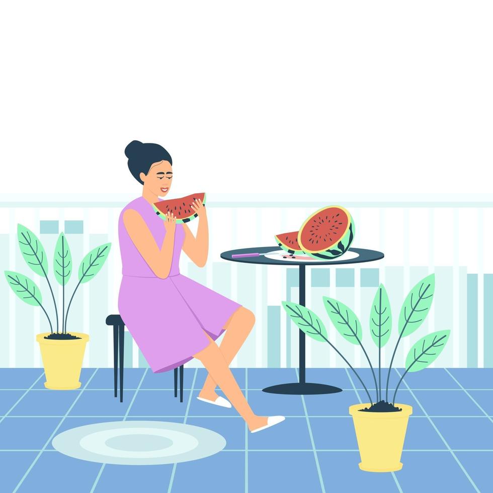 A woman in a bathrobe is eating a juicy watermelon on her balcony vector