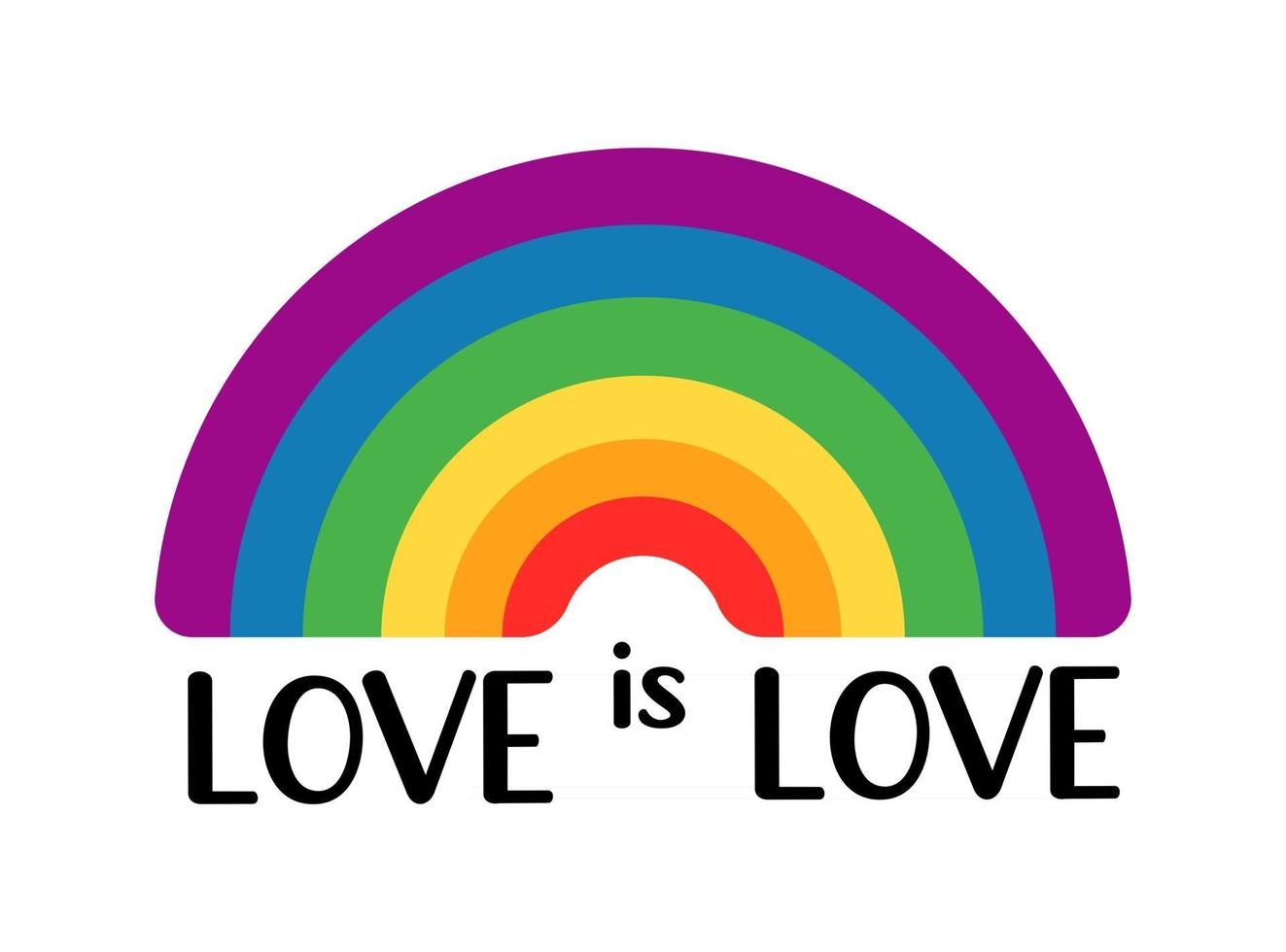 Love is love quote. LGBT rainbow with color flag of gay, lesbian, bisexual and transgender isolated on white background. Vector flat illustration. Design for banner, poster, greeting card, flyer