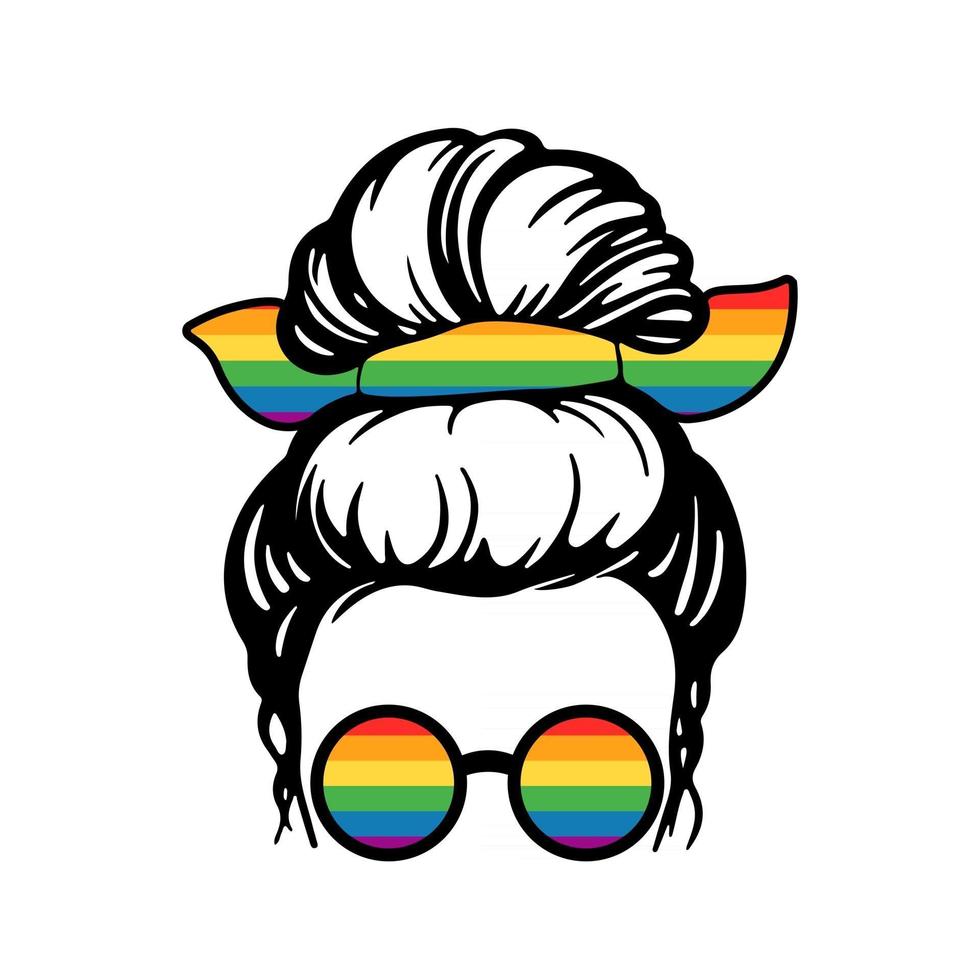 joven y bella mujer con gafas de colores lgbt y pelos bandana aislado sobre fondo blanco. vector ilustración plana. diseño de pancarta, póster, tarjeta de felicitación, folleto