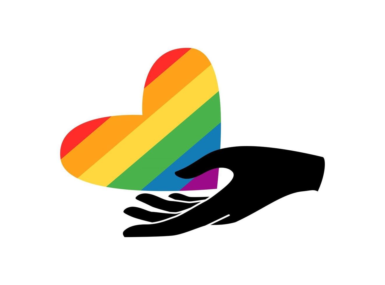 Pride Rainbow colored heart with hand. Gay, lesbian, bisexual and transgender community colors of flag. Vector flat illustration. Design for banner, poster, greeting card, flyer