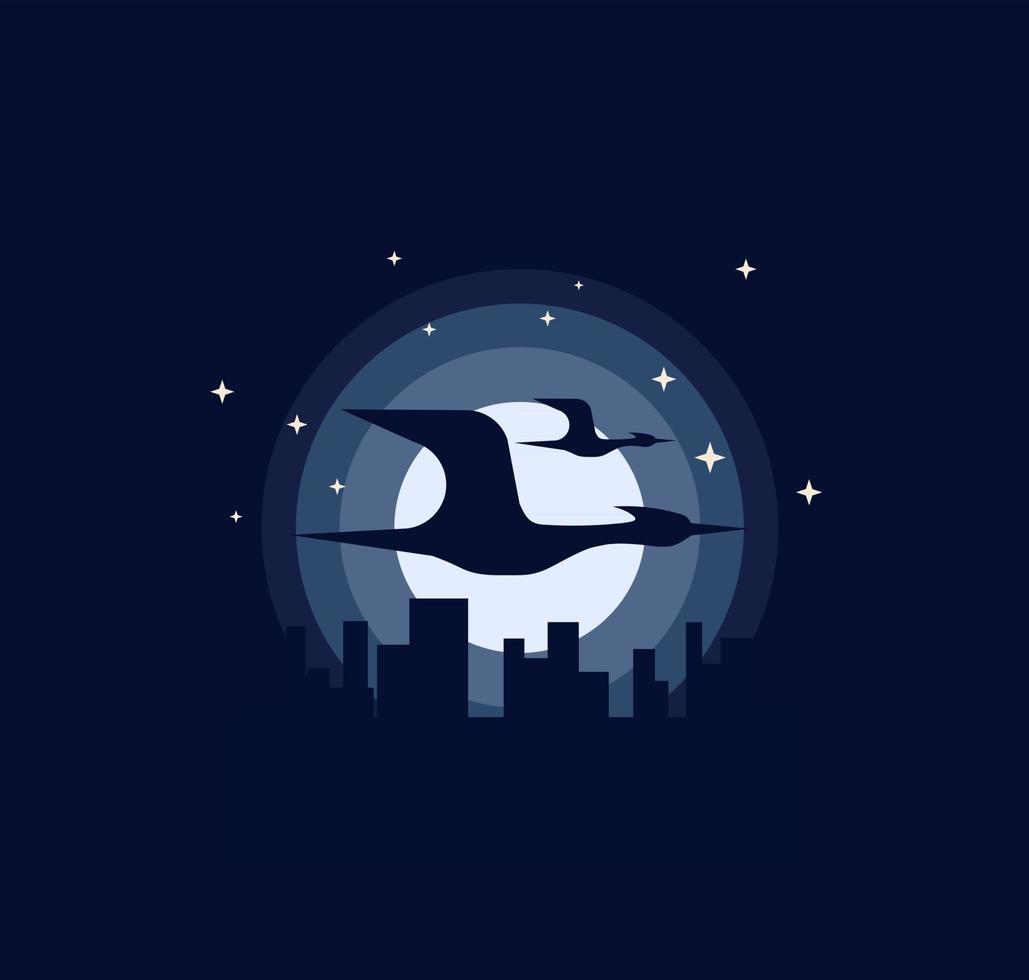 Ilustración de silueta de pájaro volador con paisaje de construcción nocturna vector