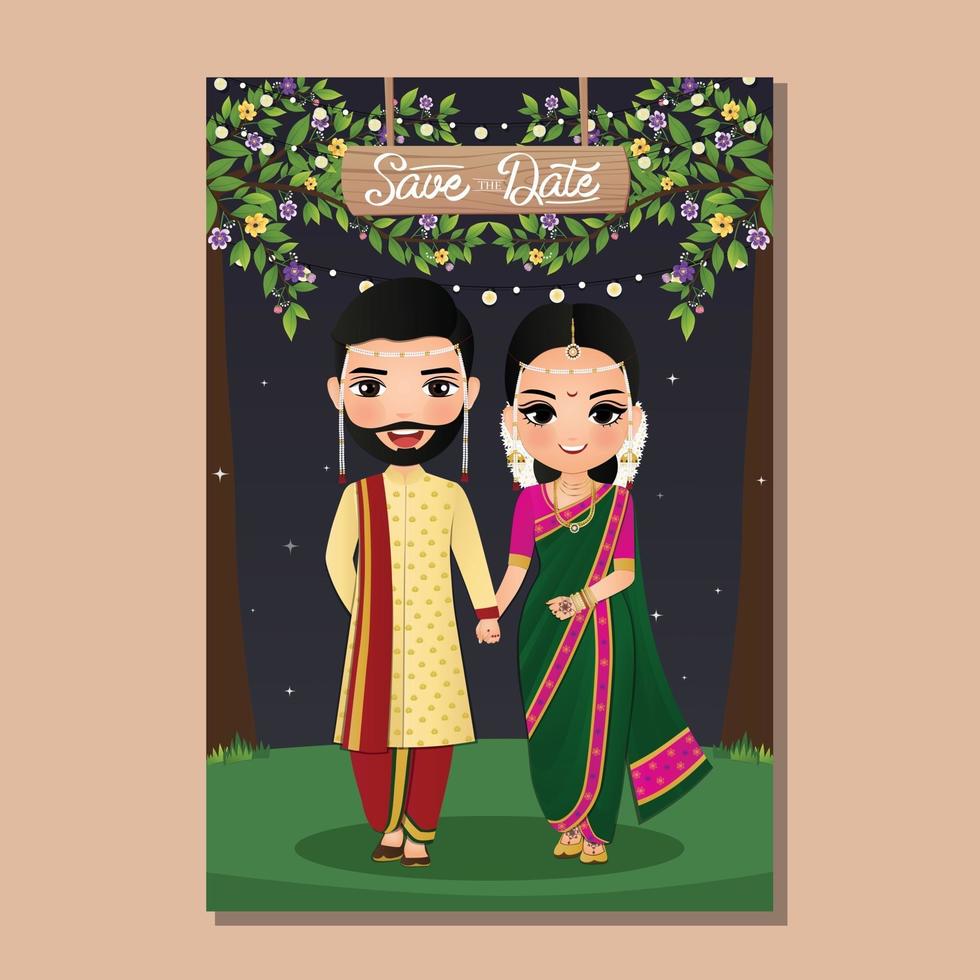 Wedding invitation card bride and groom cute couple in traditional indian dress cartoon character. Vector illustration.