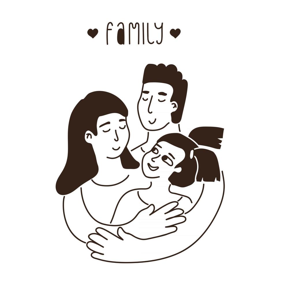 vector retrato de familia. el hombre cubre a la mujer y al niño con sus manos. Esquema de ilustración en blanco y negro y texto familiar.