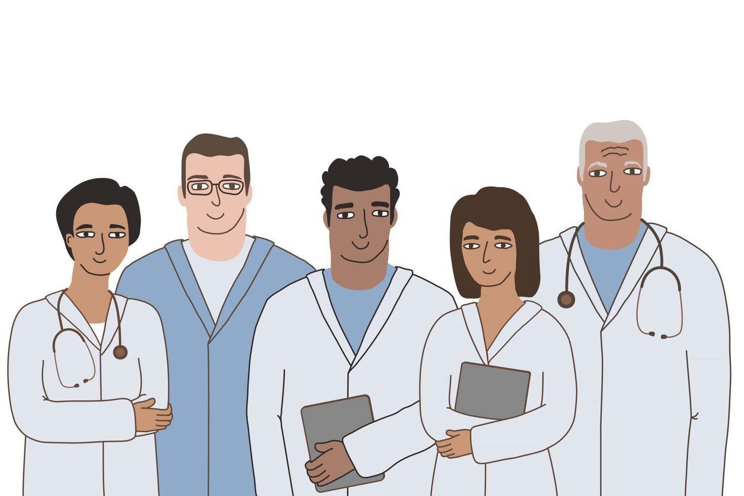 Group of doctors standing together, looking at camera. Vector flat isolated illustration on white background