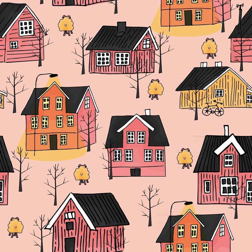 Casas de madera escandinavas amarillas, rosadas con luz en la calle y árboles sin hojas patrón de repetición sin fisuras vector