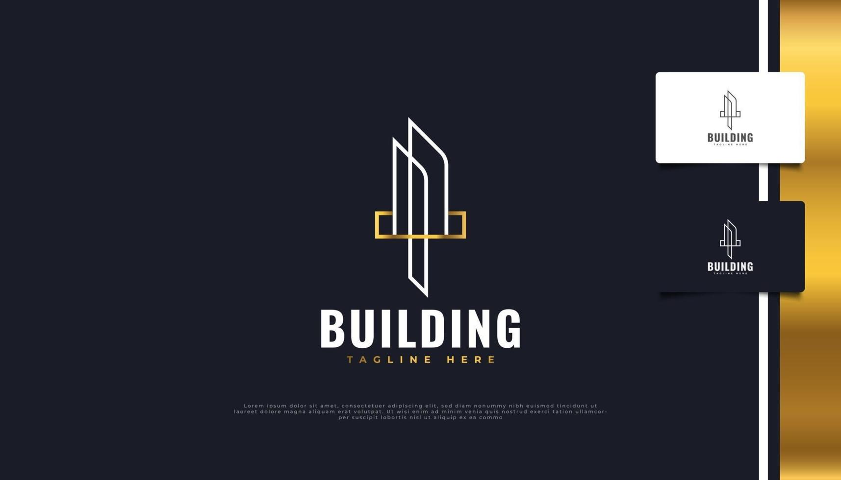 Diseño de logotipo inmobiliario blanco y dorado con estilo de línea. plantilla de diseño de logotipo de construcción, arquitectura o edificio vector