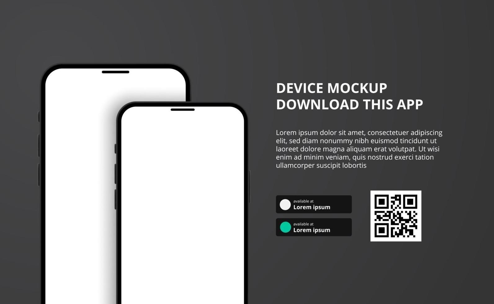 landing page banner advertising for downloading app for mobile phone, 3D double smartphone device mockup dark background. Download buttons with scan qr code template. vector