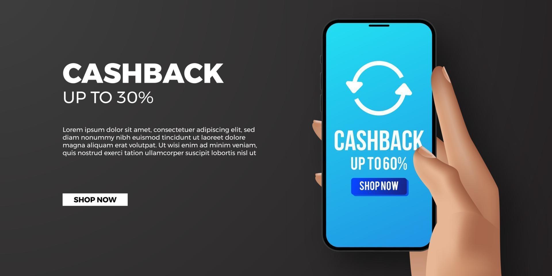 Cashback promotion banner for economy ecommerce financial app with 3d hand holding phone with dark background elegant clean vector