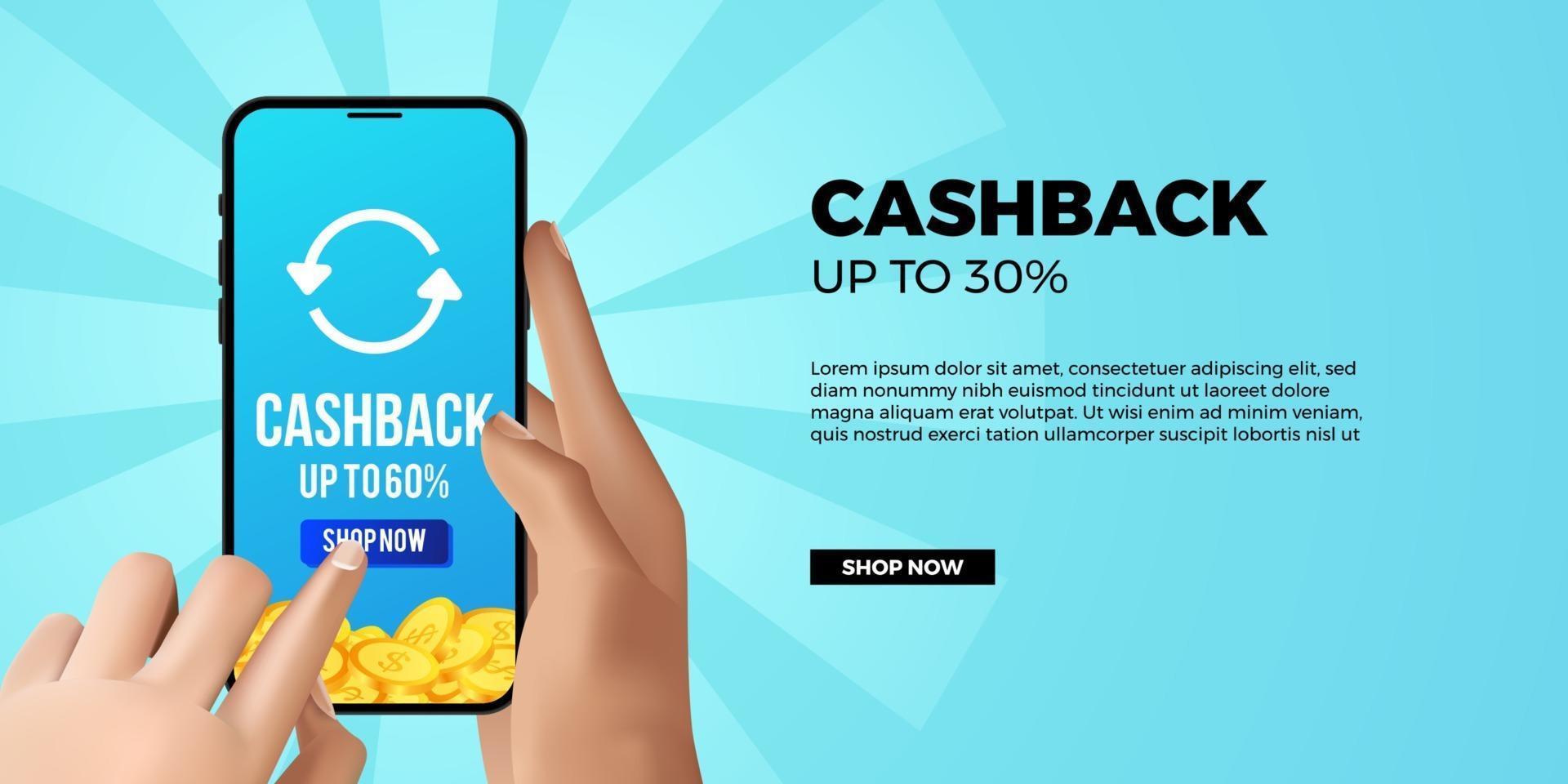 Cashback promotion banner for economy ecommerce financial app with 3d hand holding and touch phone with blue background vector