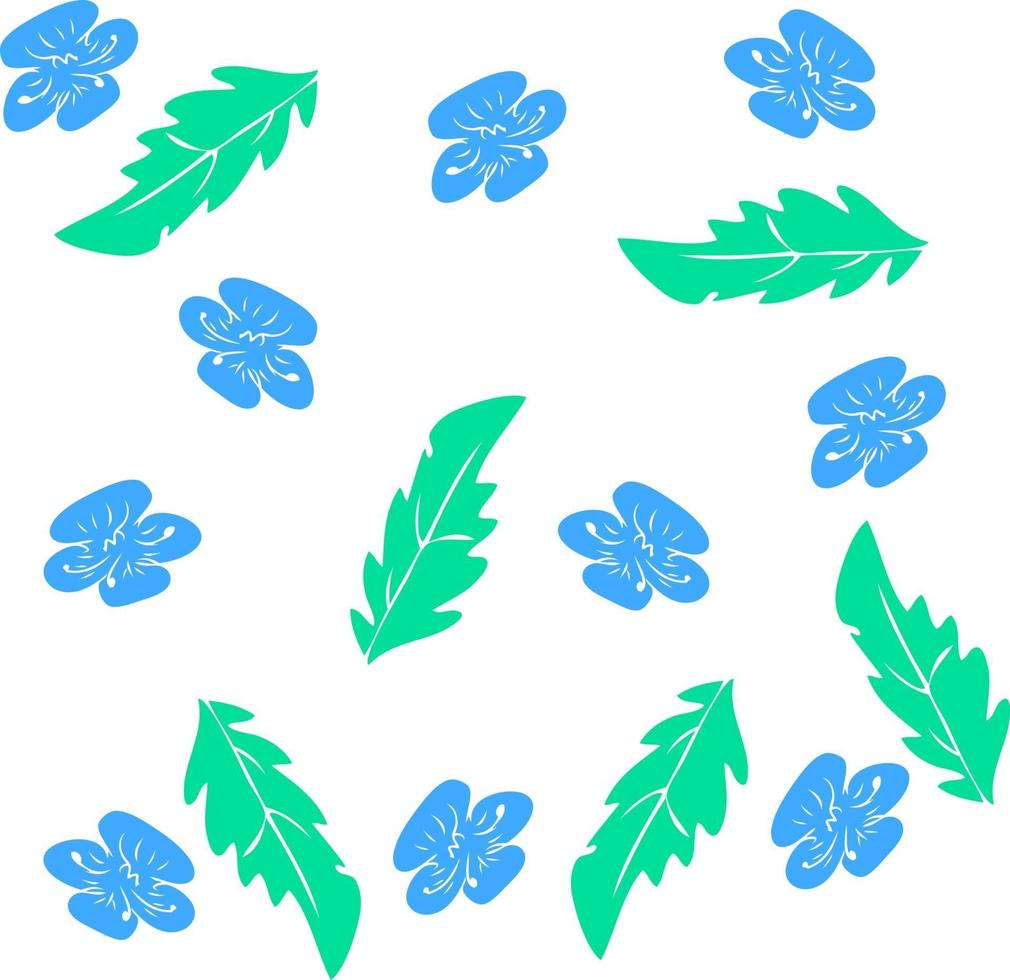 Vector pattern of blue forget-me-not flowers and green leaves