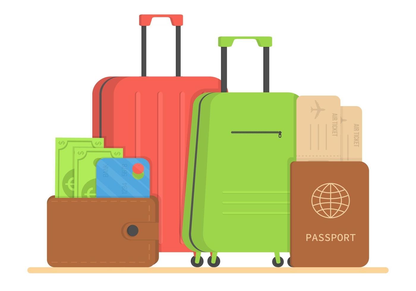 Travel set. Traveler's suitcase, wallet withmoney, credit card, passport, air ticket. Tourist luggage, vacation or travel bags and precise accessories vector set.