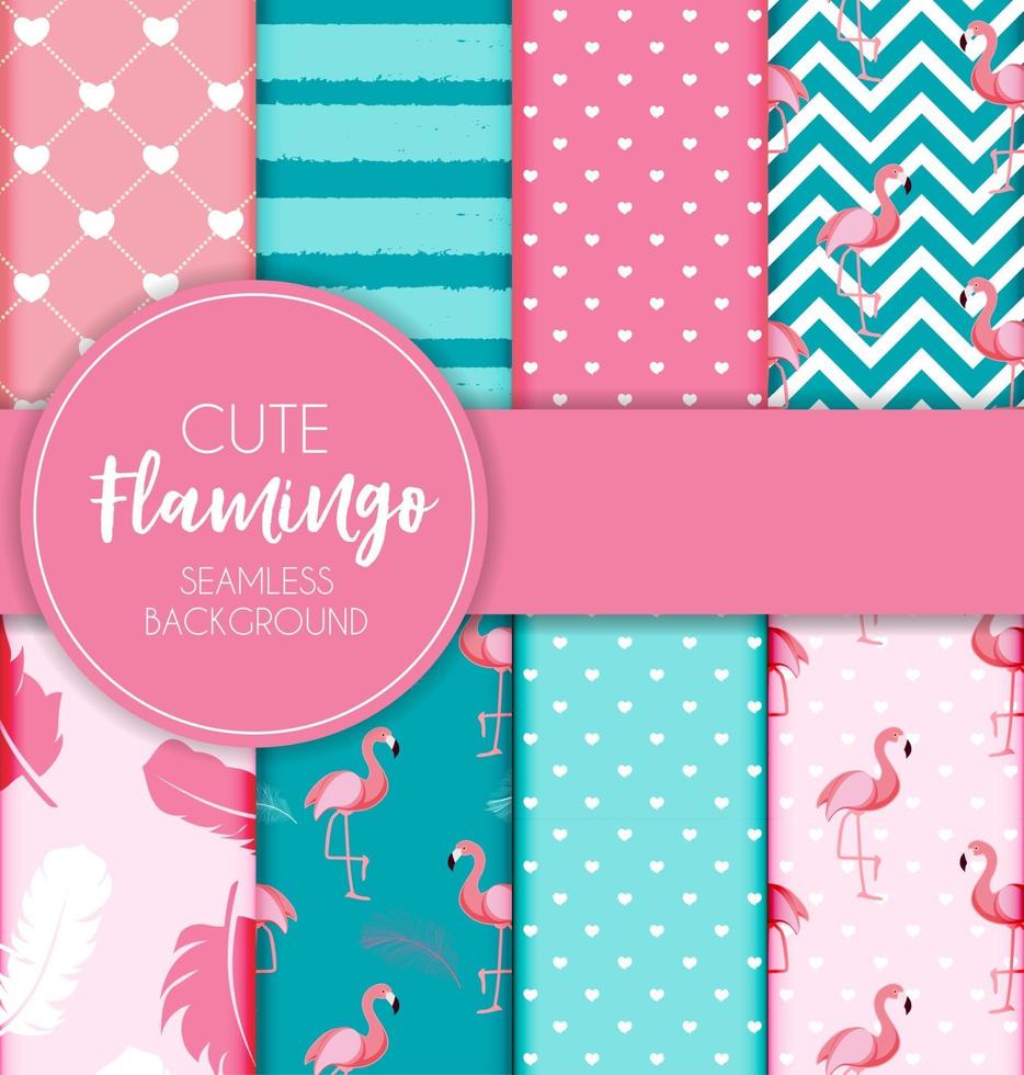 Cute Retro Seamless Flamingo Pattern Collection Set  Background Vector Illustration