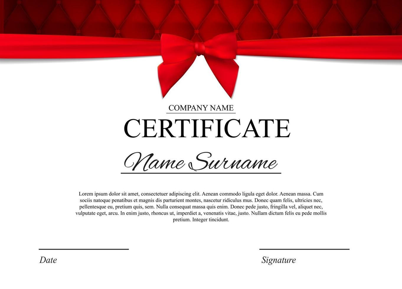 Certificate template Background with red bow. Award diploma design blank. Vector Illustration