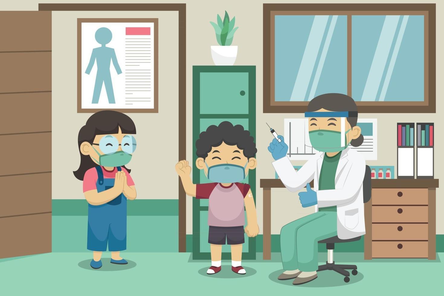 los médicos y los niños usan mascarillas durante el proceso de vacunación en la habitación del médico. Ilustración de libros para niños. vector. vector